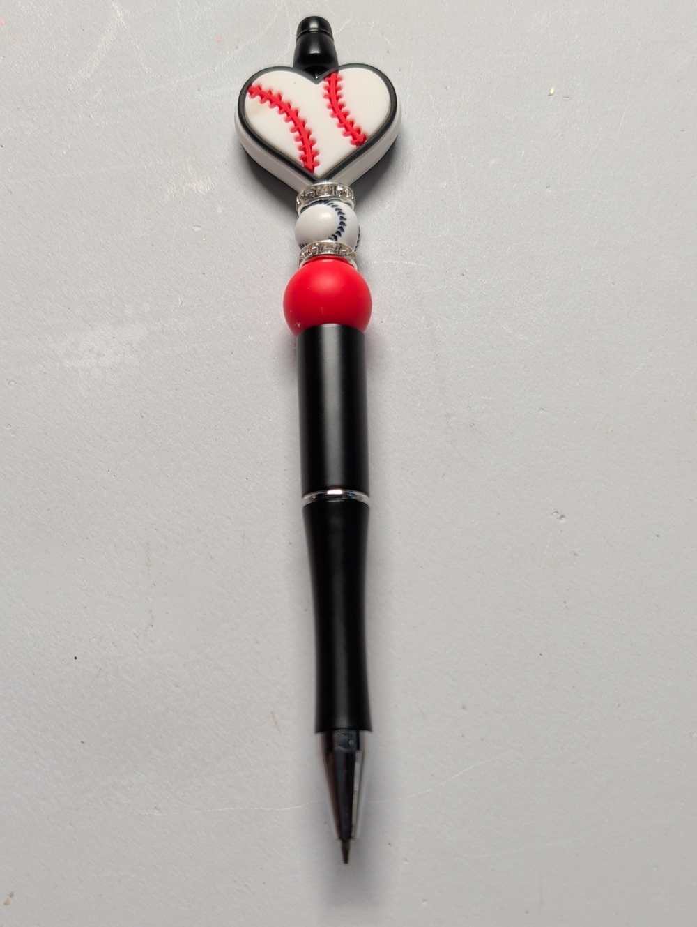 Hand Crafted Black and White Baseball Heart Decorative Pen with Red Accent